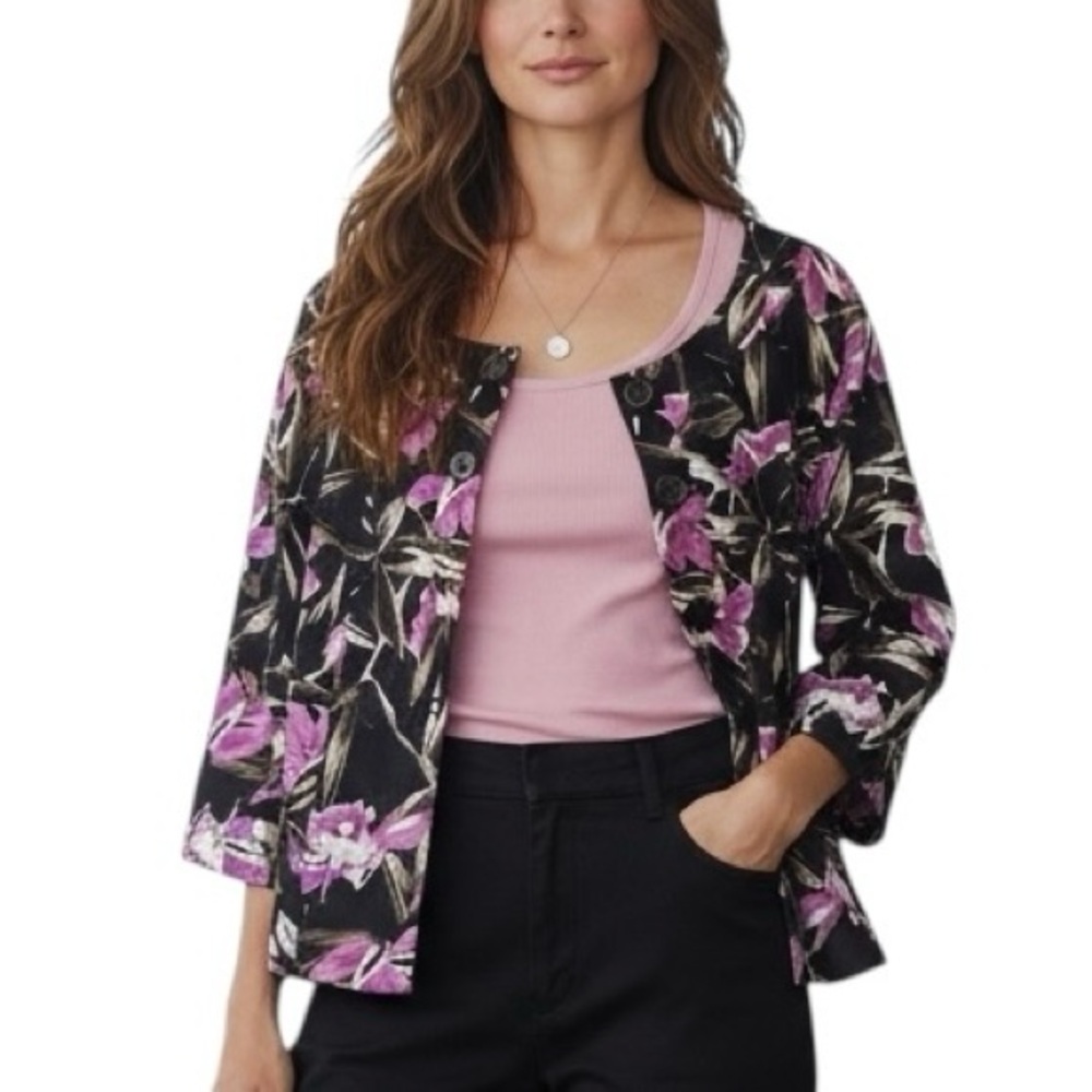 Trenz Woman by Theresa Renz Silk Blend Relaxed Fit Black Floral Jacket - Size 2X